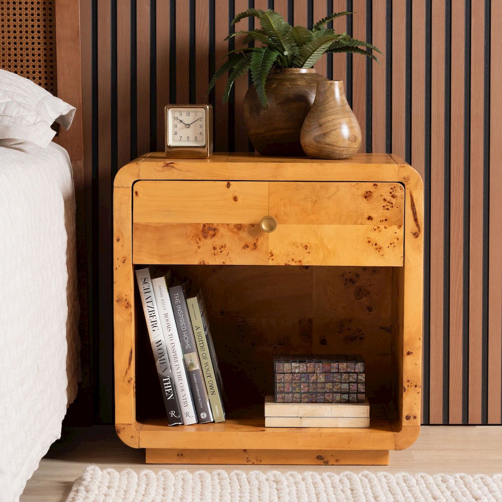 Netra Modern and  Natural Real Burl Wood 1-Drawer Nightstand. Picture 9