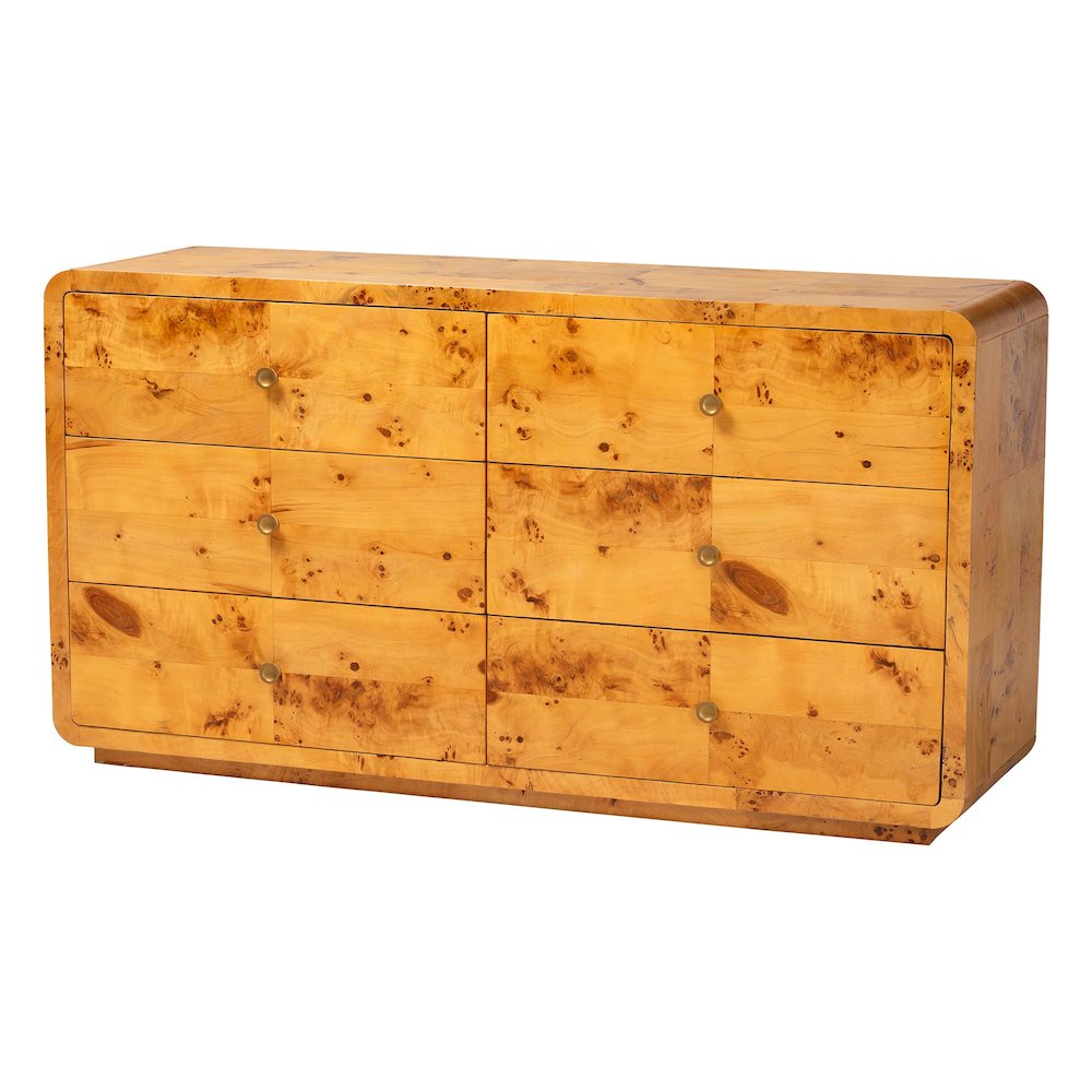 Netra Modern and  Natural Real Burl Wood 6-Drawer Dresser. Picture 1