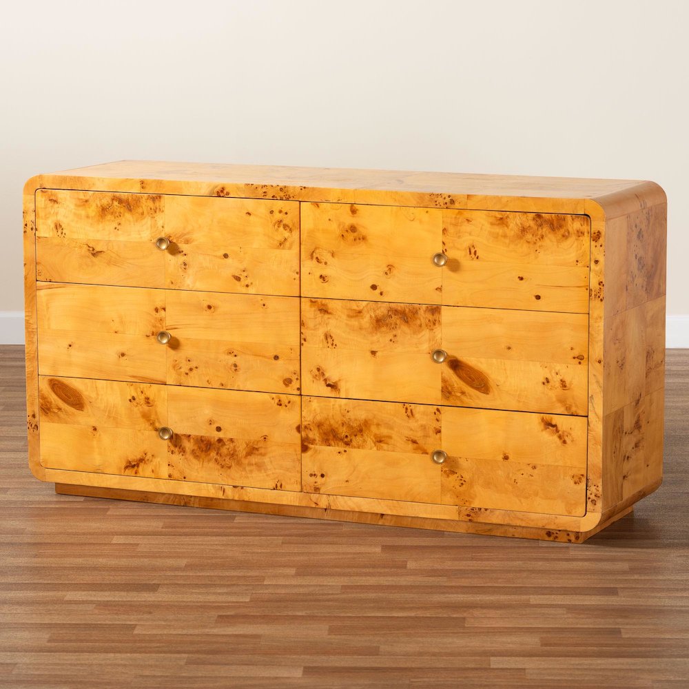 Netra Modern and  Natural Real Burl Wood 6-Drawer Dresser. Picture 10