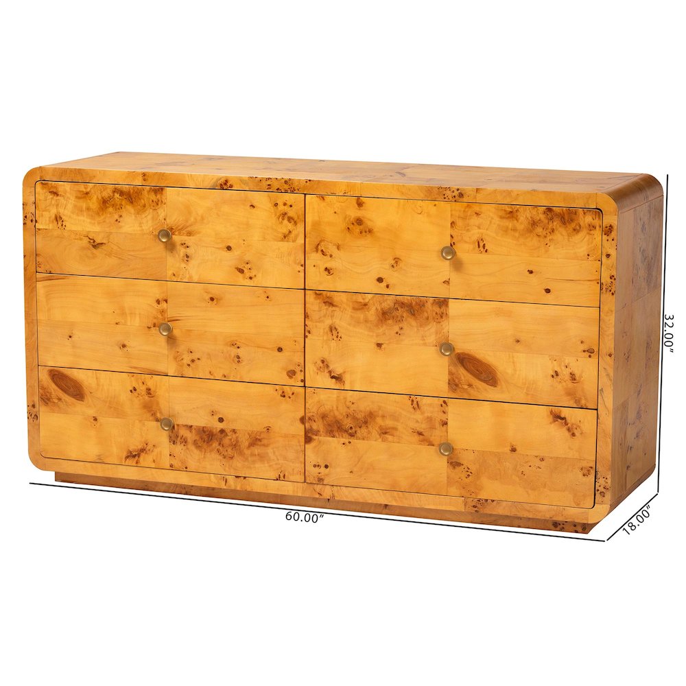 Netra Modern and  Natural Real Burl Wood 6-Drawer Dresser. Picture 11