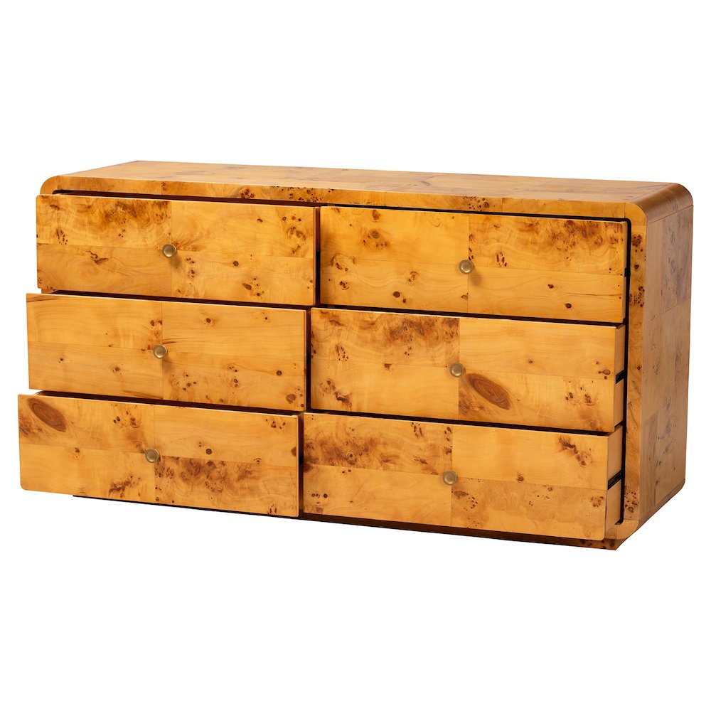 Netra Modern and  Natural Real Burl Wood 6-Drawer Dresser. Picture 2