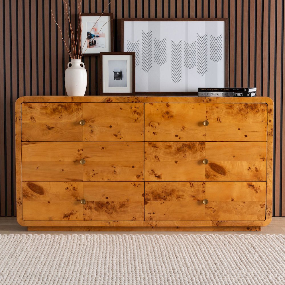 Netra Modern and  Natural Real Burl Wood 6-Drawer Dresser. Picture 9