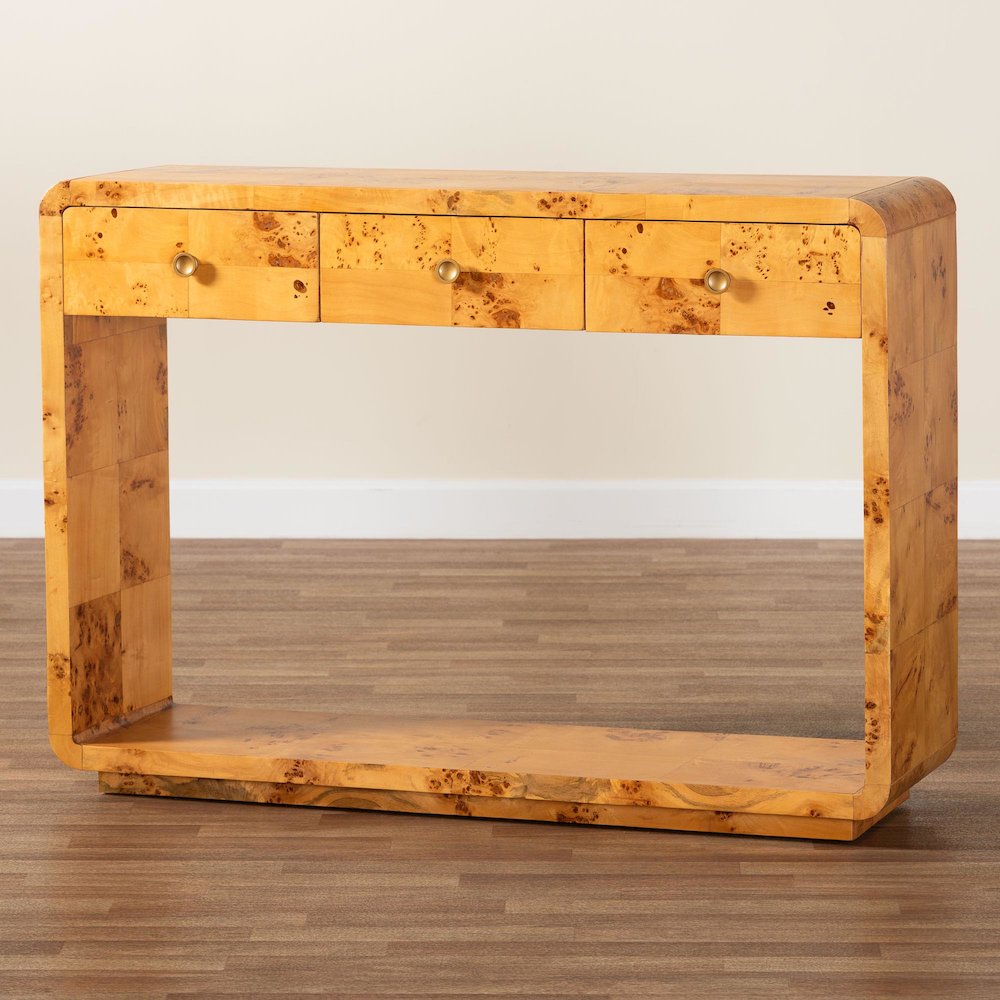 Netra Modern and  Natural Real Burl Wood Console Table. Picture 10