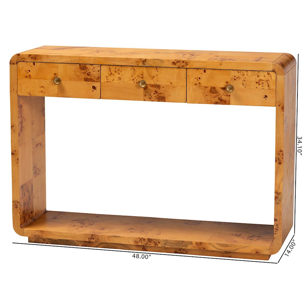 Netra Modern and  Natural Real Burl Wood Console Table. Picture 11