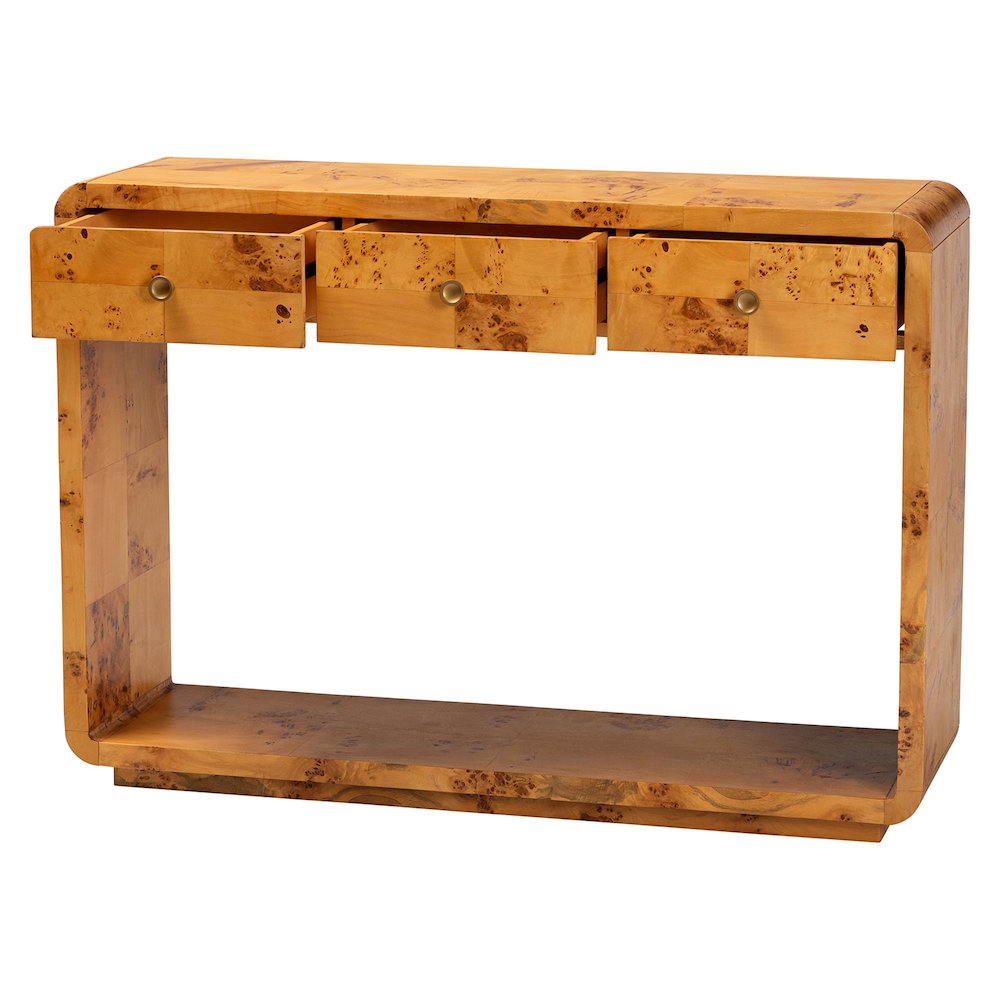 Netra Modern and  Natural Real Burl Wood Console Table. Picture 2
