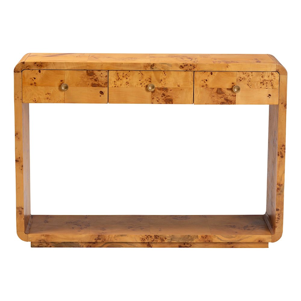 Netra Modern and  Natural Real Burl Wood Console Table. Picture 3