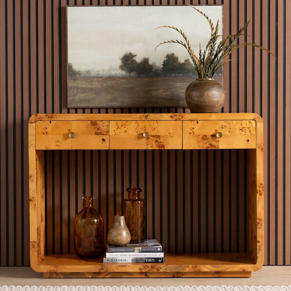 Netra Modern and  Natural Real Burl Wood Console Table. Picture 9
