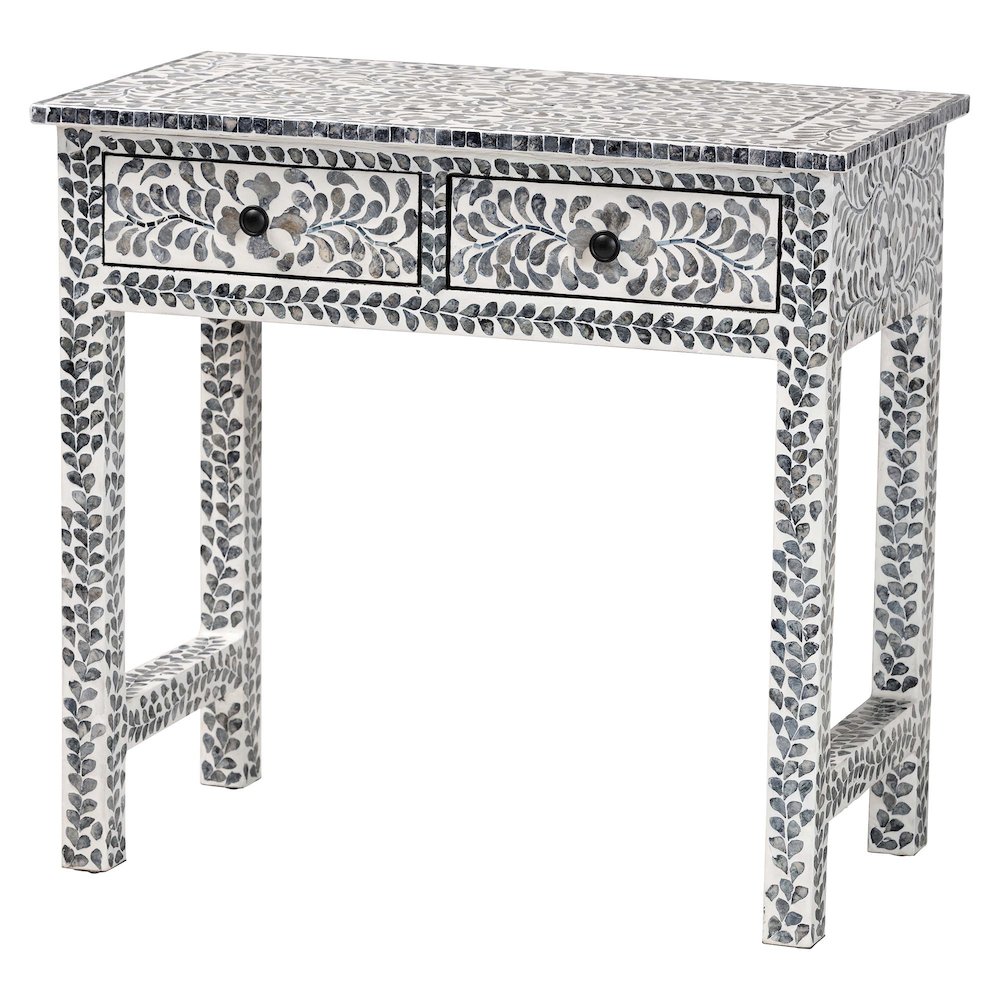 Diata Coastal Black and White Mother of Pearl Capiz Shell 2-Drawer Console Table. Picture 1