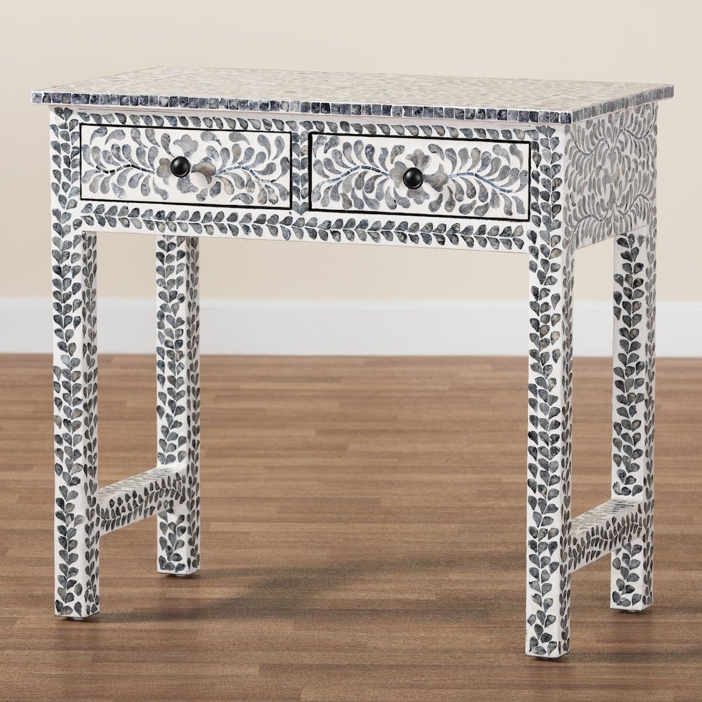 Diata Coastal Black and White Mother of Pearl Capiz Shell 2-Drawer Console Table. Picture 10