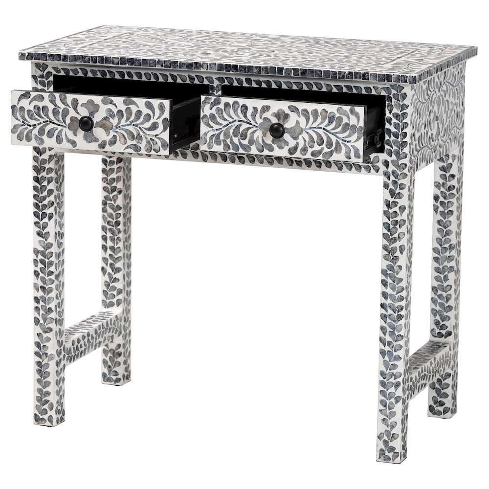 Diata Coastal Black and White Mother of Pearl Capiz Shell 2-Drawer Console Table. Picture 2