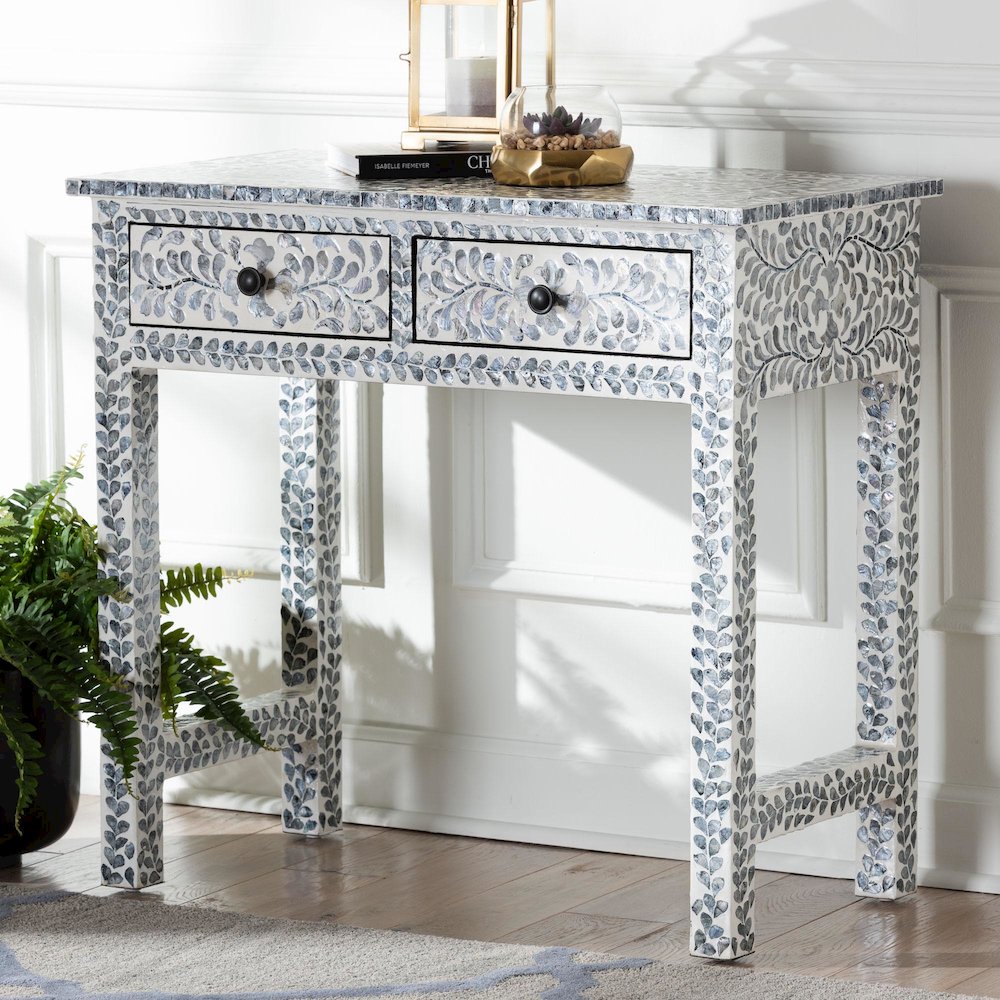Diata Coastal Black and White Mother of Pearl Capiz Shell 2-Drawer Console Table. Picture 9