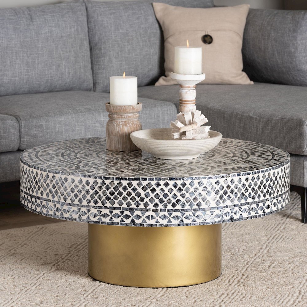 Idra Coastal Black and White Mother of Pearl Capiz Shell Coffee Table. Picture 6