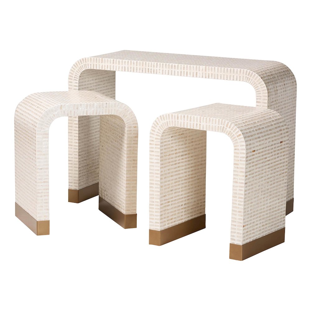 Coastal Beige and White Mother of Pearl Capiz Shell 3-Piece Accent Table Set. Picture 1