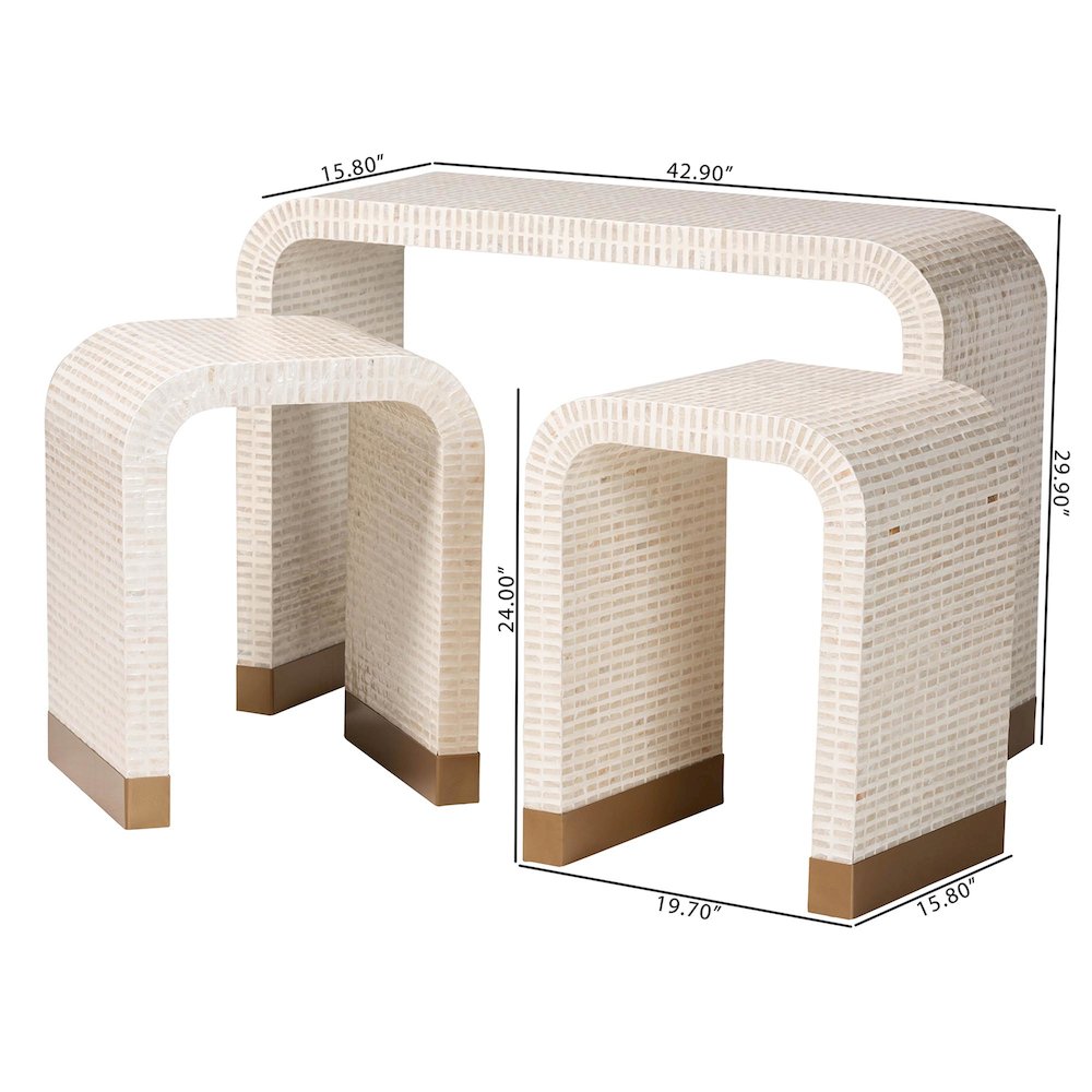 Coastal Beige and White Mother of Pearl Capiz Shell 3-Piece Accent Table Set. Picture 10