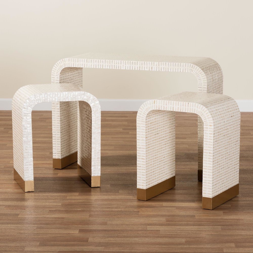 Coastal Beige and White Mother of Pearl Capiz Shell 3-Piece Accent Table Set. Picture 9