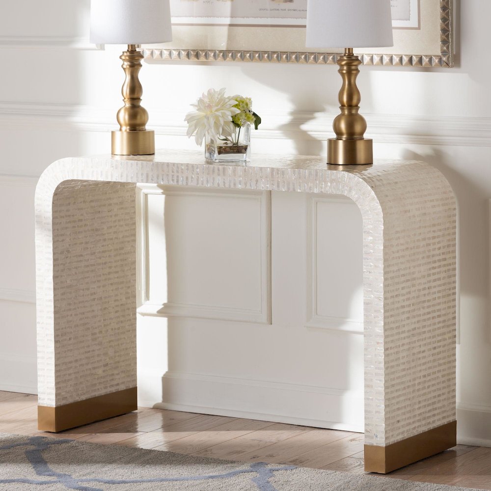 Carlyn Coastal Beige and White Mother of Pearl Capiz Shell Console Table. Picture 7