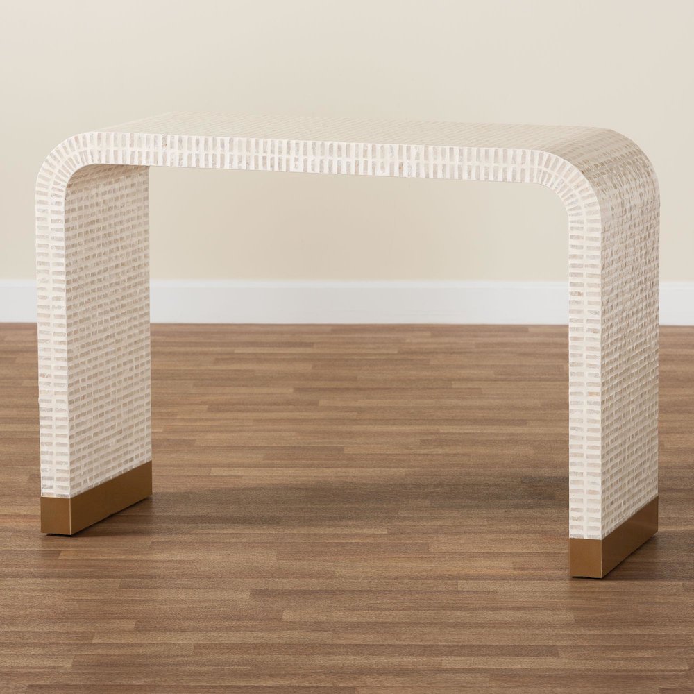 Carlyn Coastal Beige and White Mother of Pearl Capiz Shell Console Table. Picture 8