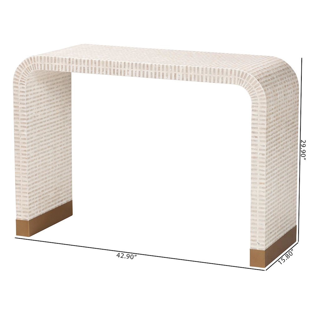 Carlyn Coastal Beige and White Mother of Pearl Capiz Shell Console Table. Picture 9