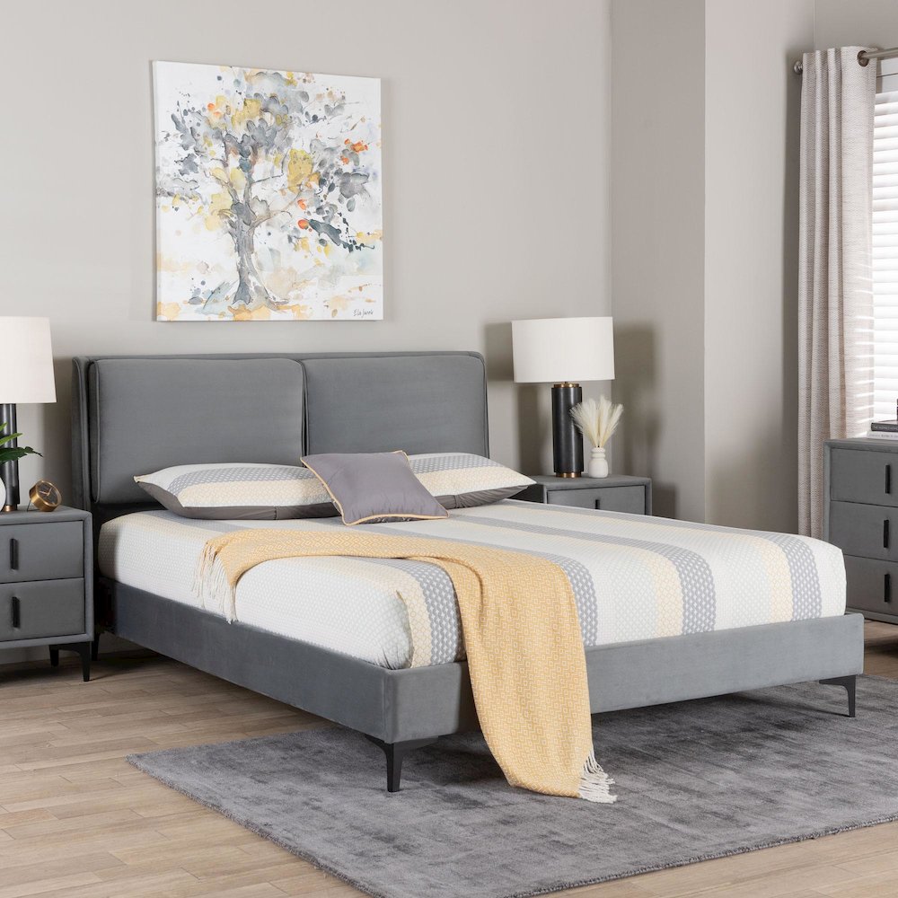 Etienne Modern Slate Grey Velvet Queen Platform Bed. Picture 7