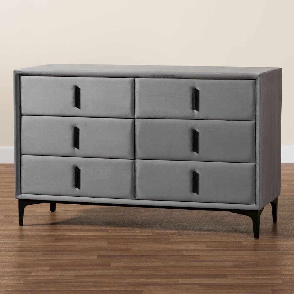 Etienne Modern Slate Grey Velvet 6-Drawer Dresser. Picture 10