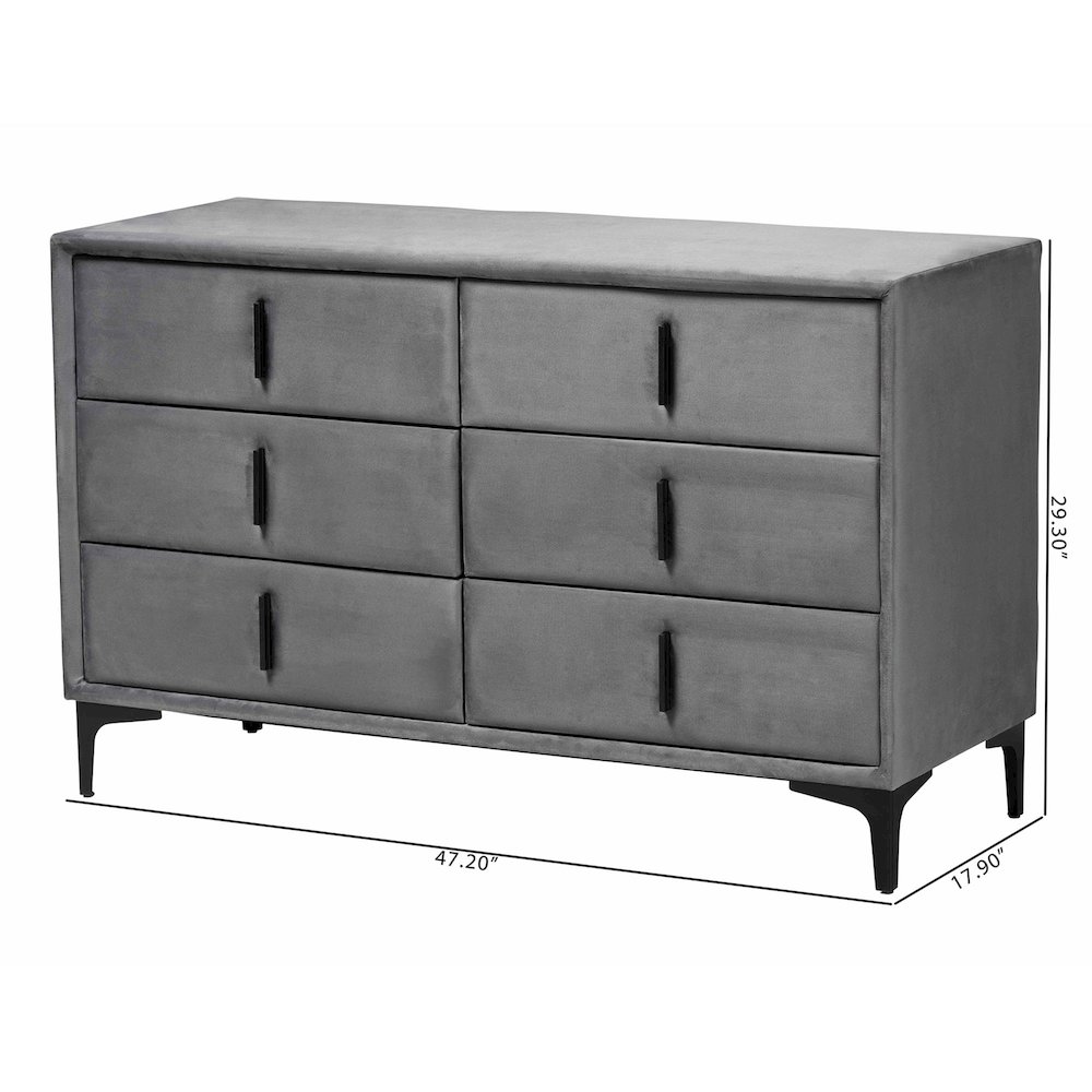 Etienne Modern Slate Grey Velvet 6-Drawer Dresser. Picture 11