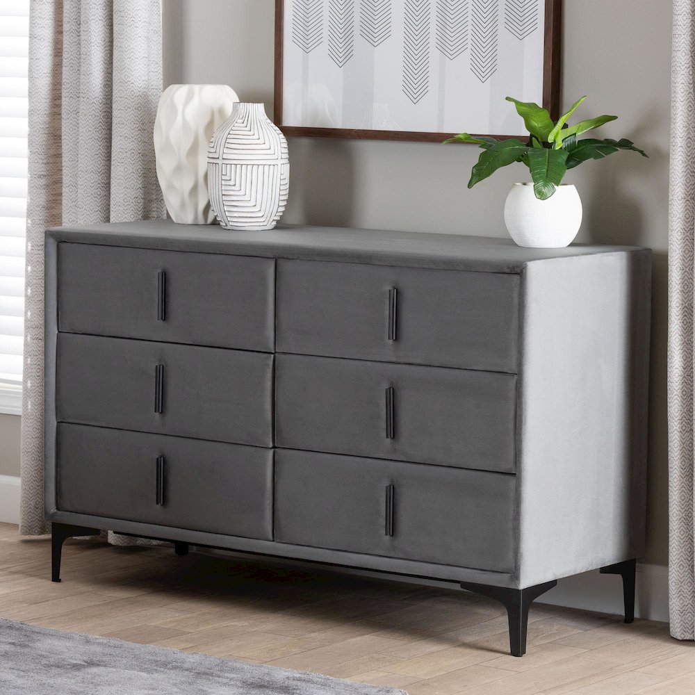 Etienne Modern Slate Grey Velvet 6-Drawer Dresser. Picture 9