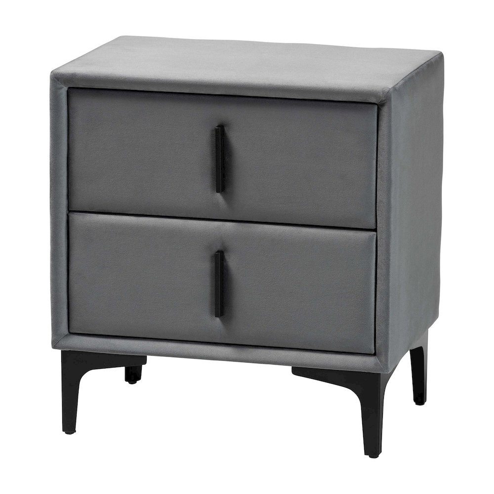 Etienne Modern Slate Grey Velvet 2-Drawer Nightstand. Picture 1