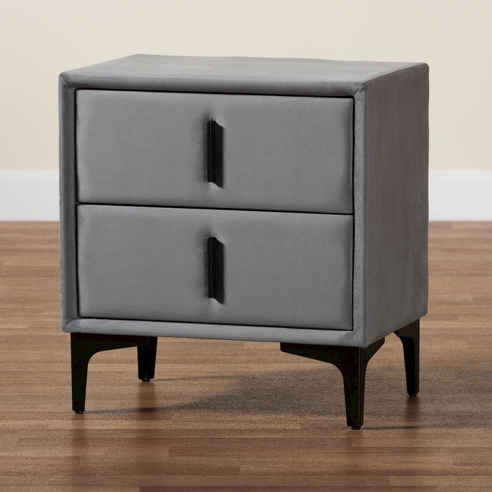 Etienne Modern Slate Grey Velvet 2-Drawer Nightstand. Picture 10