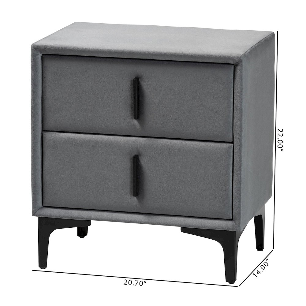 Etienne Modern Slate Grey Velvet 2-Drawer Nightstand. Picture 11