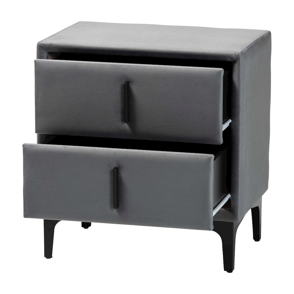 Etienne Modern Slate Grey Velvet 2-Drawer Nightstand. Picture 2