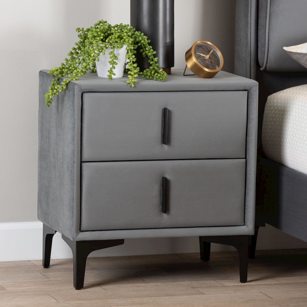 Etienne Modern Slate Grey Velvet 2-Drawer Nightstand. Picture 9