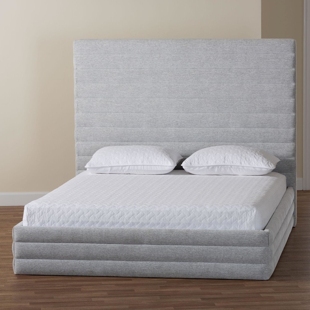 Cadmus Modern Light Grey Channel-Tufted Fabric Queen Platform Bed. Picture 8