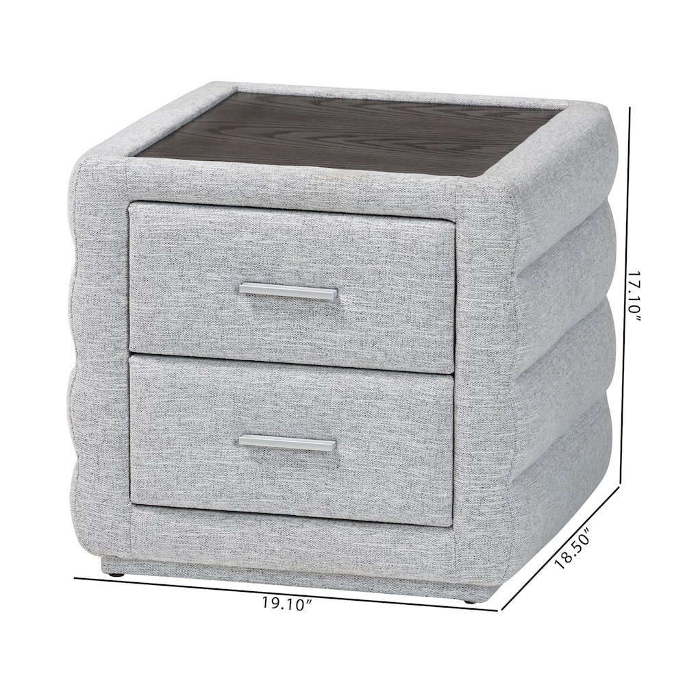 Cadmus Modern Light Grey Channel-Tufted Fabric 2-Drawer Nightstand. Picture 10