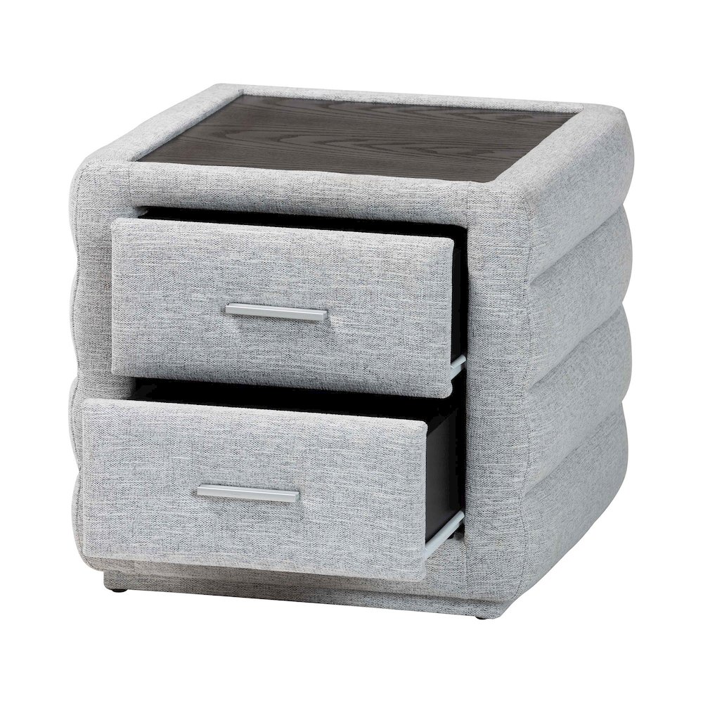 Cadmus Modern Light Grey Channel-Tufted Fabric 2-Drawer Nightstand. Picture 2