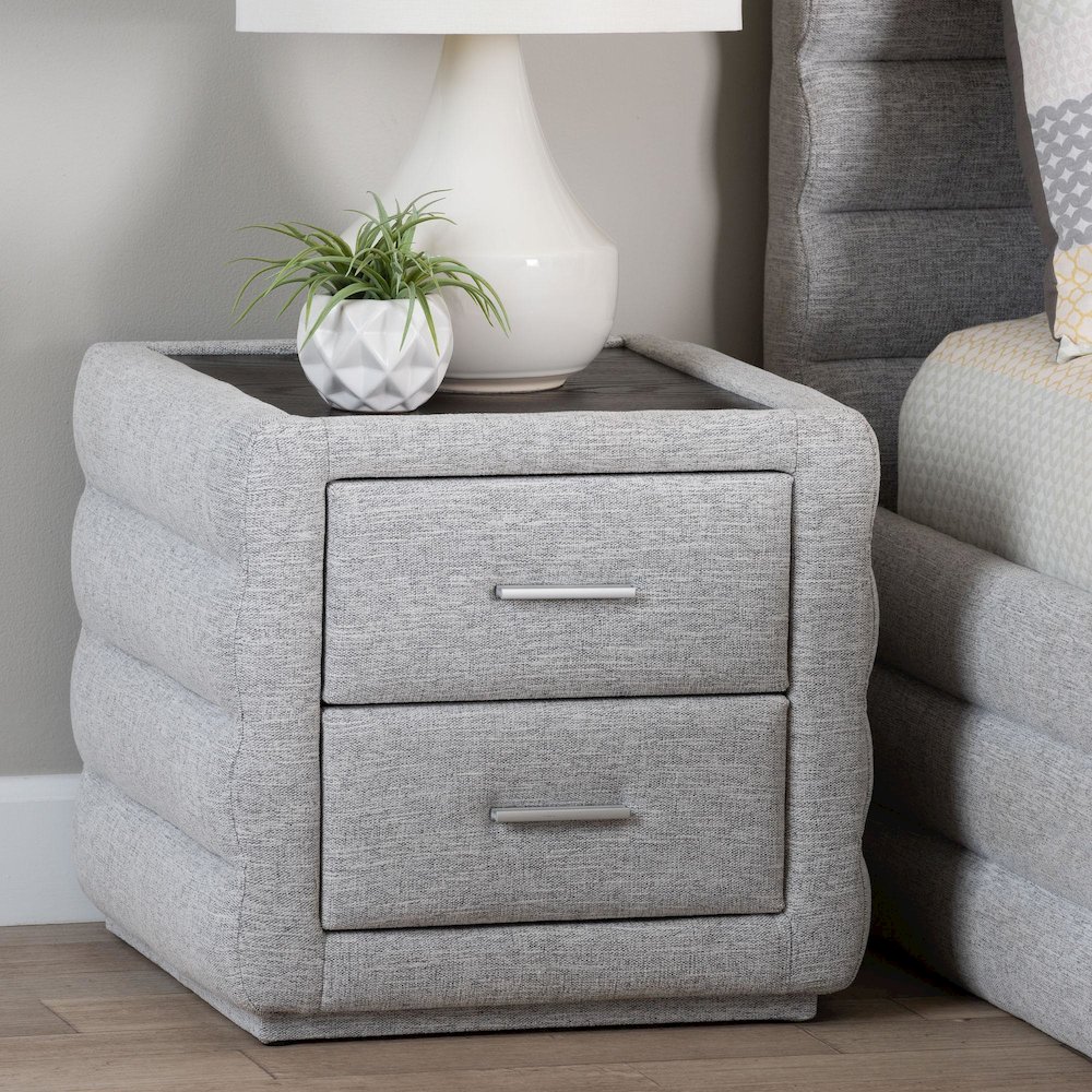 Cadmus Modern Light Grey Channel-Tufted Fabric 2-Drawer Nightstand. Picture 8