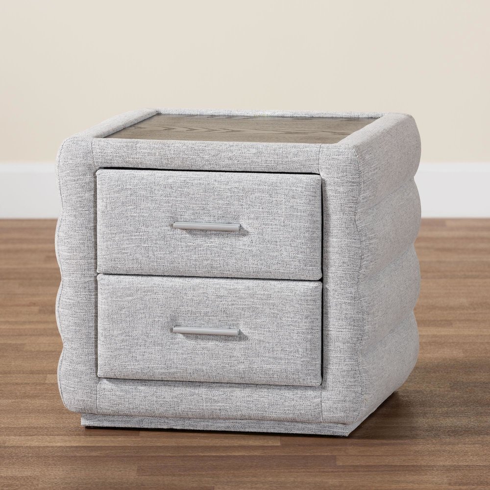 Cadmus Modern Light Grey Channel-Tufted Fabric 2-Drawer Nightstand. Picture 9