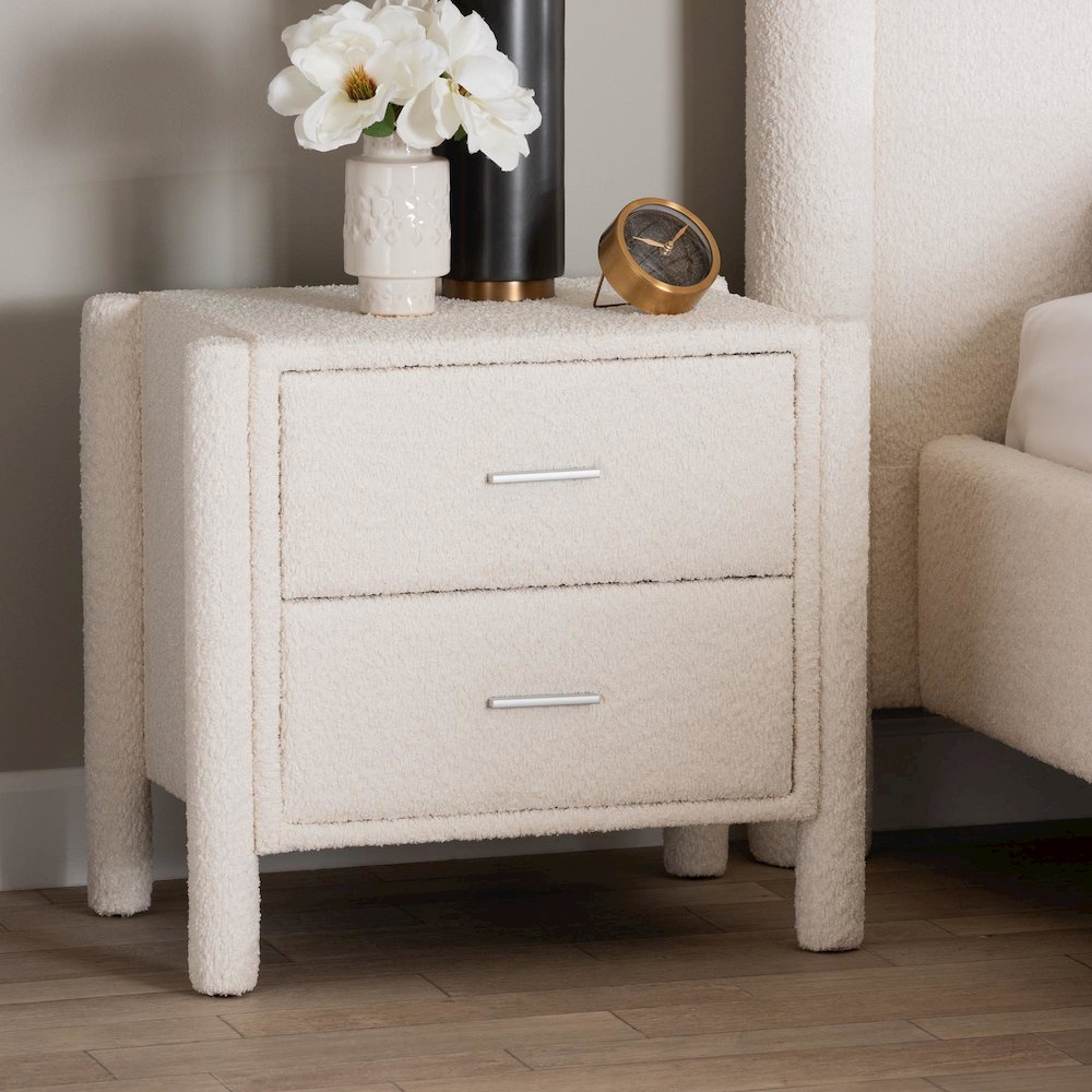 Laria Modern White Teddy-Bear Fabric 2-Drawer Nightstand. Picture 9