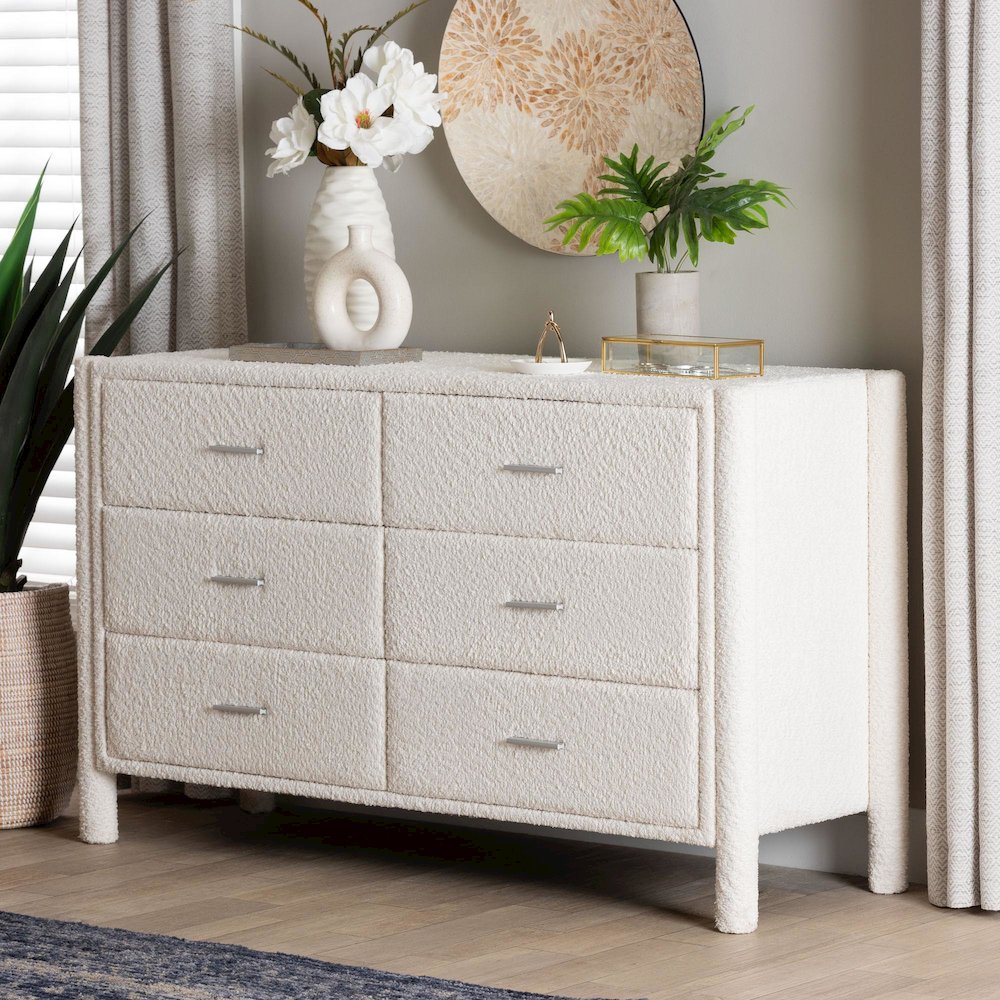 Laria Modern White Teddy-Bear Fabric 6-Drawer Dresser. Picture 9