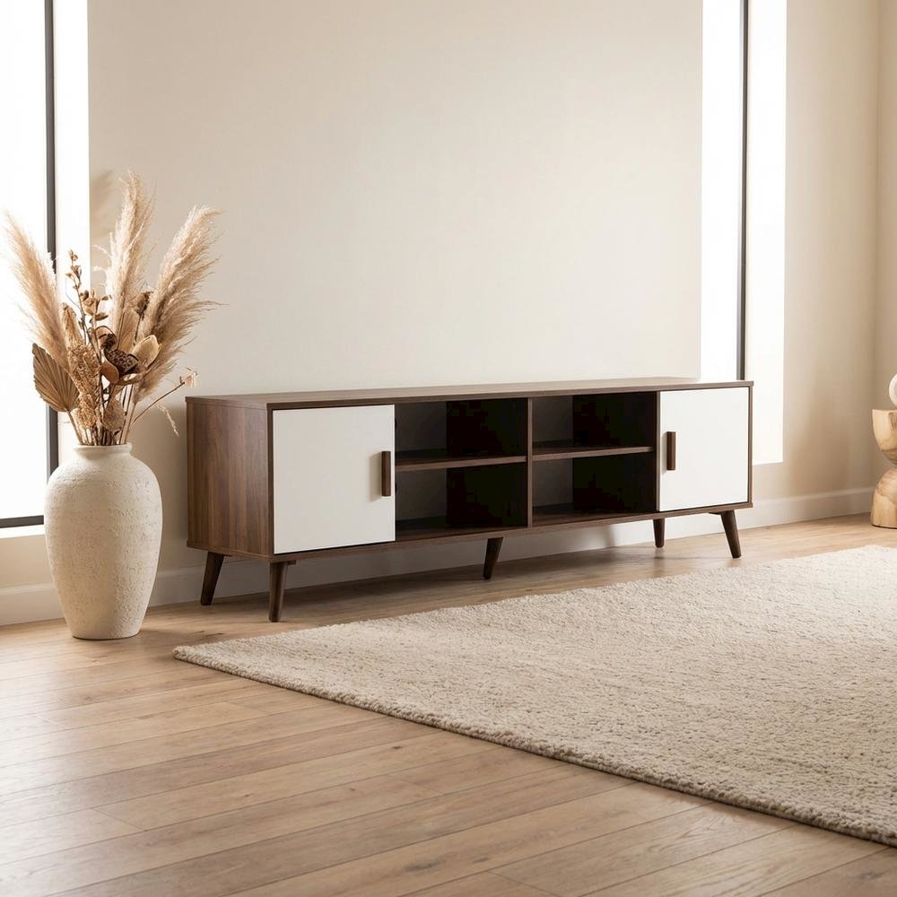 Modern Two-Tone White and Walnut Finishes TV Stand with Wooden Frame. Picture 3