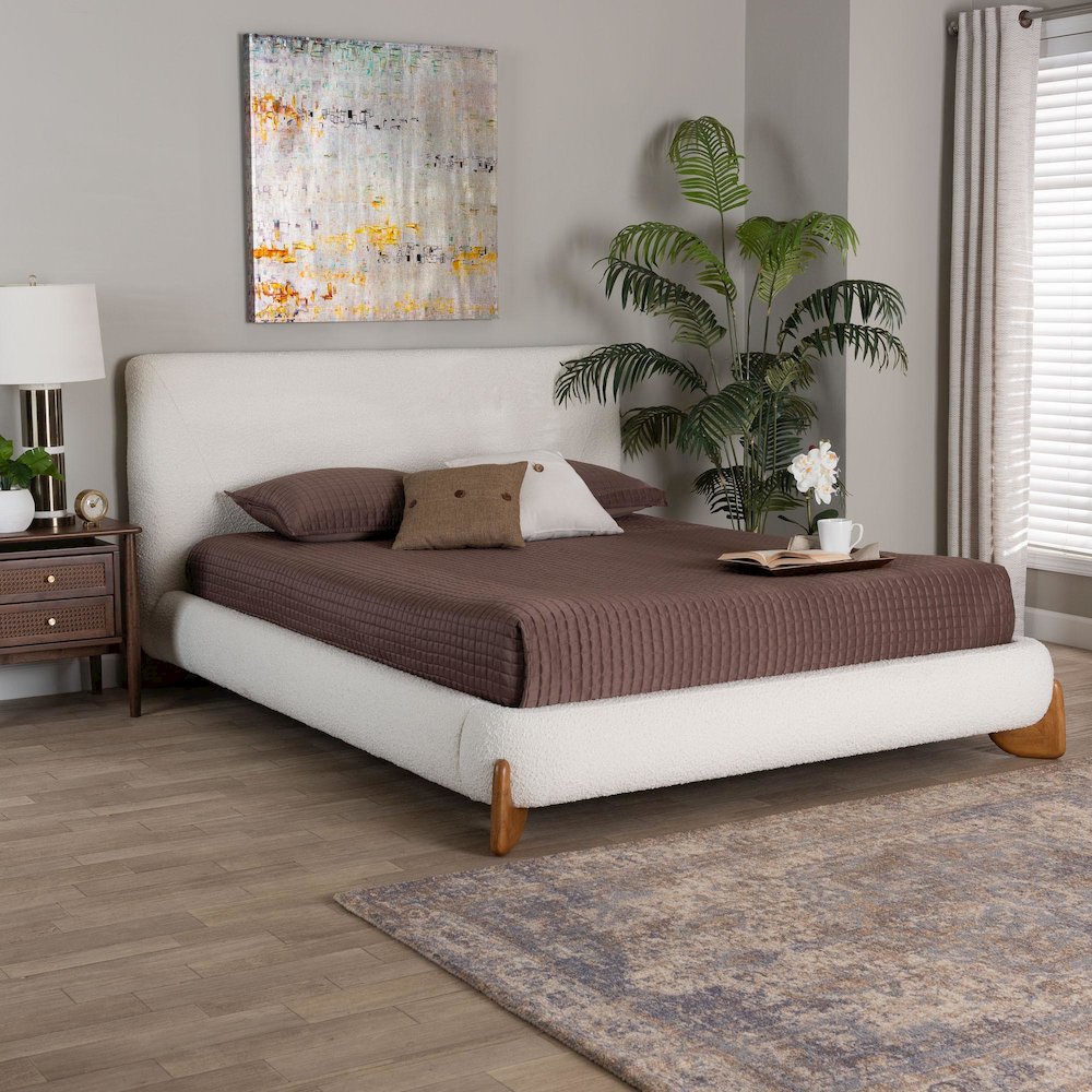 Vinicio Mid-Century Modern Cream Boucle Queen Platform Bed. Picture 7