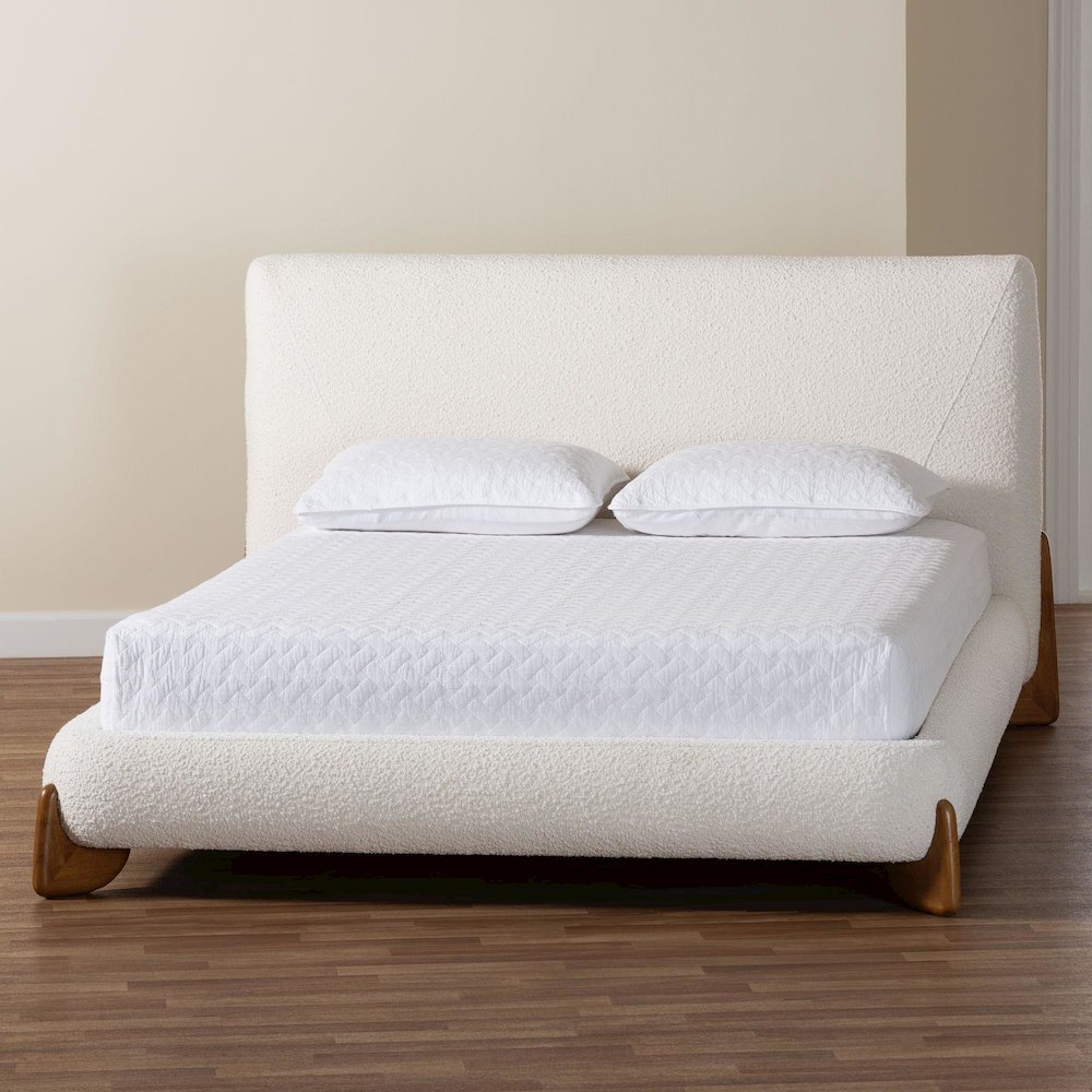 Vinicio Mid-Century Modern Cream Boucle Queen Platform Bed. Picture 8
