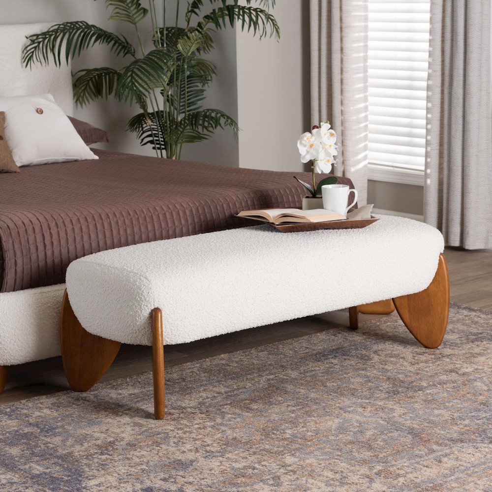 Vinicio Mid-Century Modern Cream Boucle Accent Bench. Picture 6