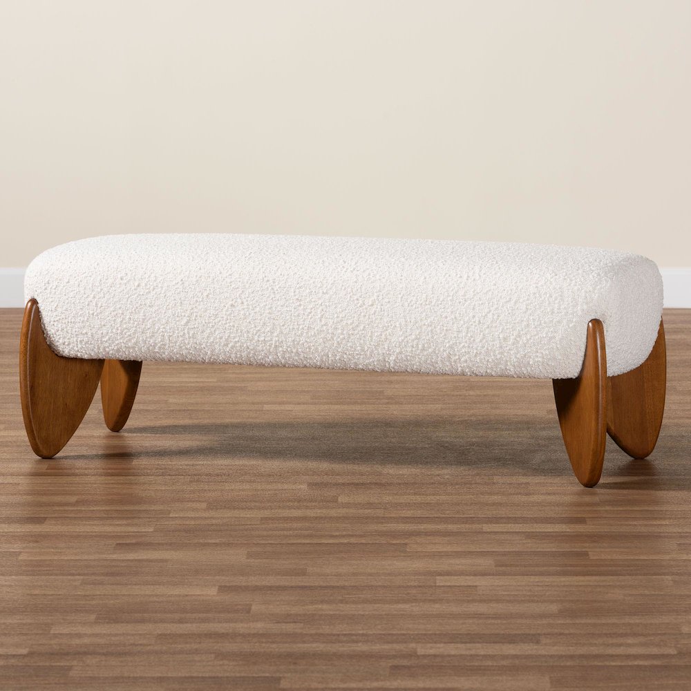 Vinicio Mid-Century Modern Cream Boucle Accent Bench. Picture 7