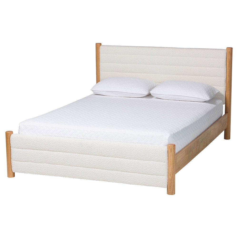 Eilert Modern Cream Boucle and Oak Brown Wood Queen Bed. Picture 1