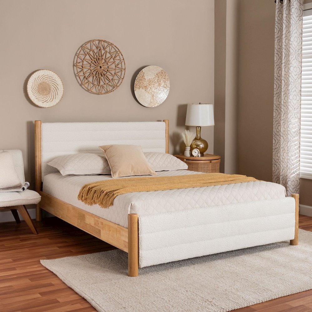 Eilert Modern Cream Boucle and Oak Brown Wood Queen Bed. Picture 7