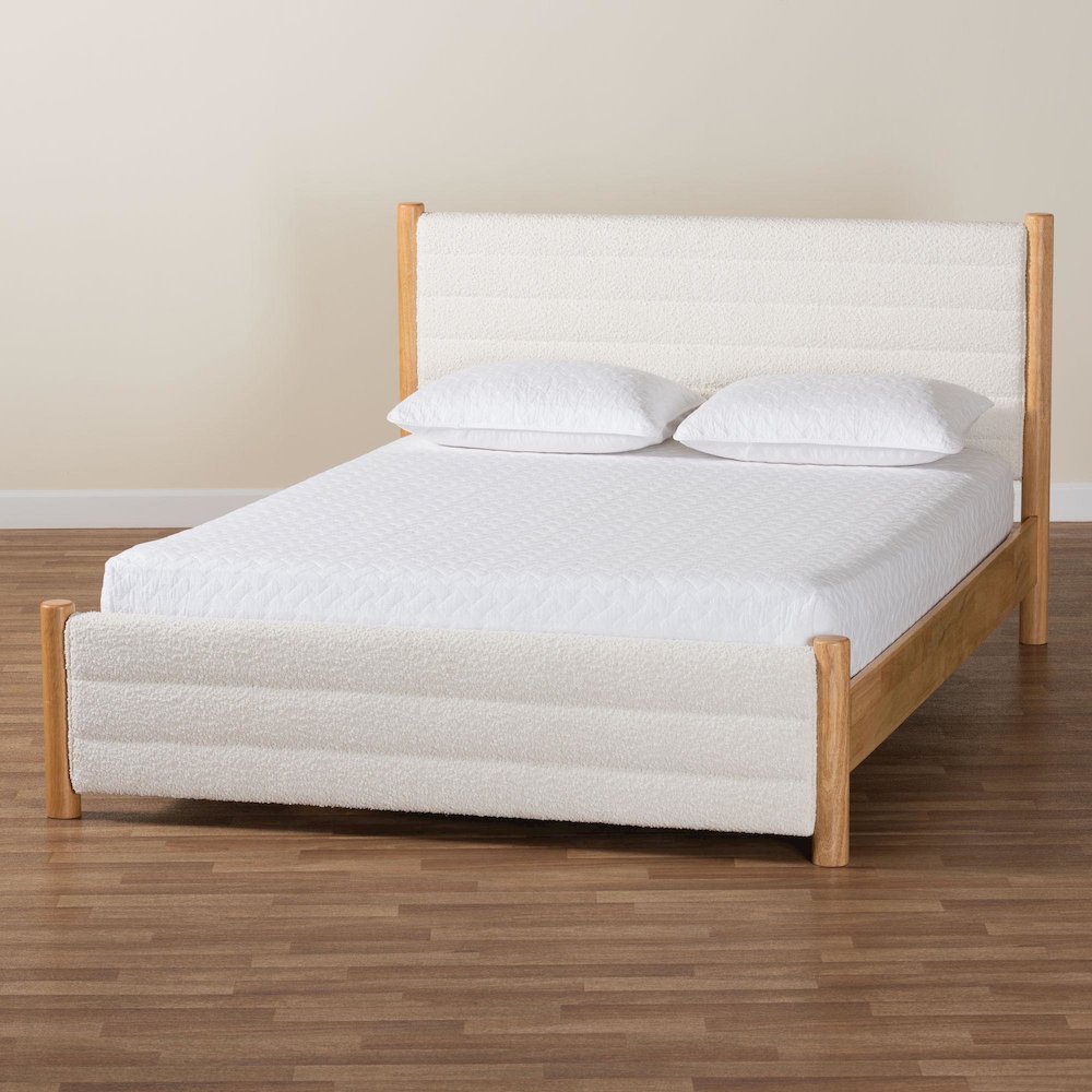 Eilert Modern Cream Boucle and Oak Brown Wood Queen Bed. Picture 8