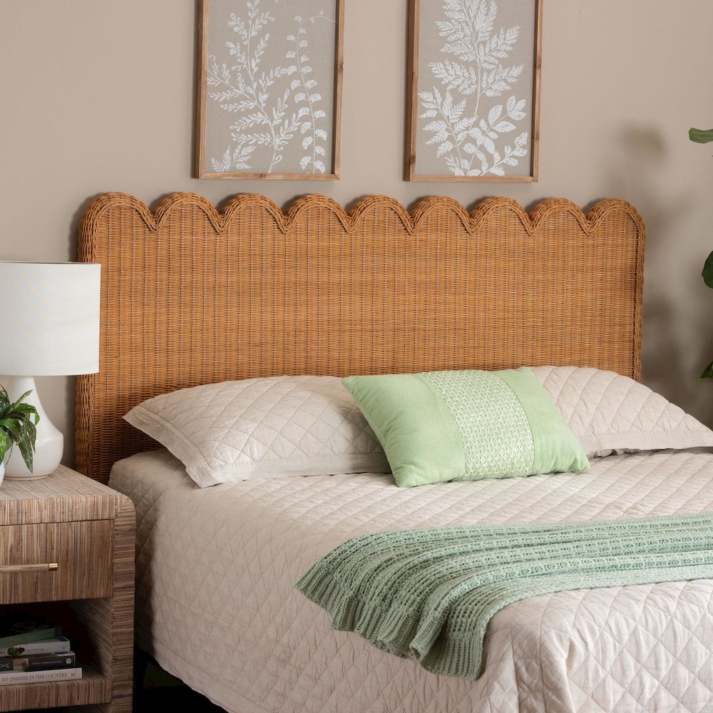 Maritza Bohemian Light Honey Scalloped Rattan Pitrit King Standalone Headboard. Picture 4