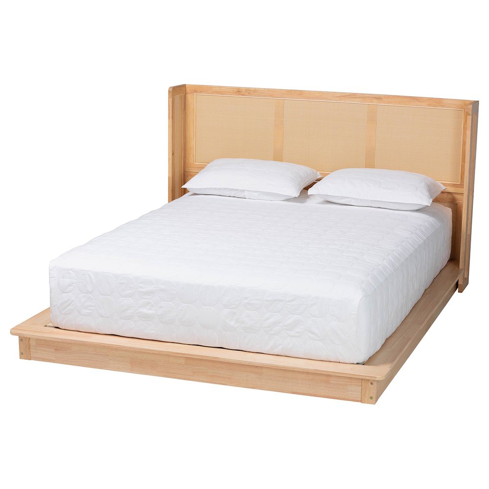 Glennis Japandi Natural Brown Wood Queen Size Platform Bed with Woven Rattan. Picture 1