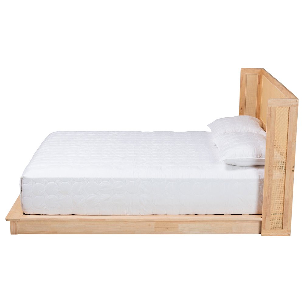 Glennis Japandi Natural Brown Wood Queen Size Platform Bed with Woven Rattan. Picture 2