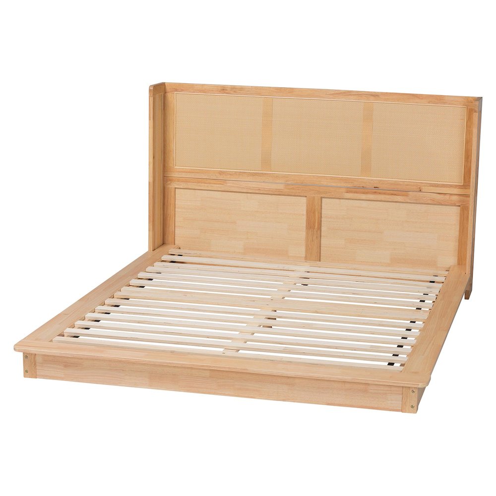 Glennis Japandi Natural Brown Wood Queen Size Platform Bed with Woven Rattan. Picture 3